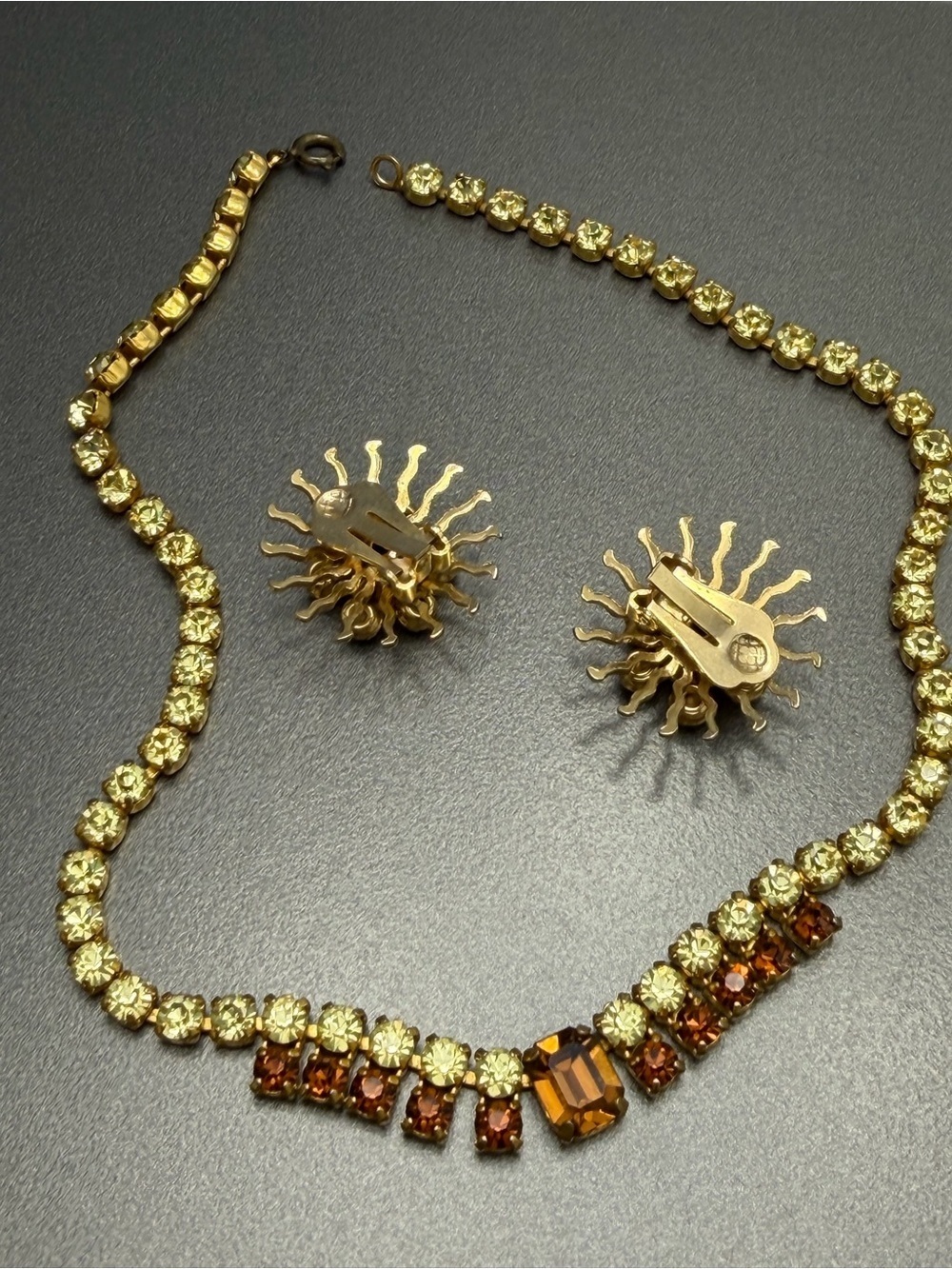 Vintage Jonquil and Amber Rhinestone Necklace and Clip Earrings